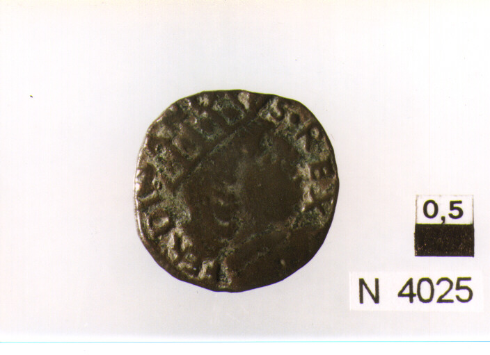 R/ busto radiato a destra; V/ sopra retta orizzontale, cavallo di piccoledimensioni gradiente a destra, con la zampa destra alzata (moneta, cavallo) (sec. XV d.C)