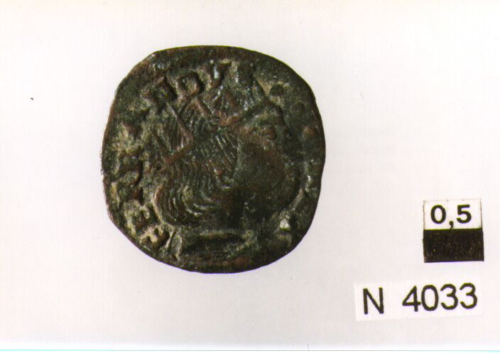 R/ busto radiato a destra; V/ cavallo gradiente a destra con la zampa destra sollevata (moneta, cavallo) (sec. XV d.C)