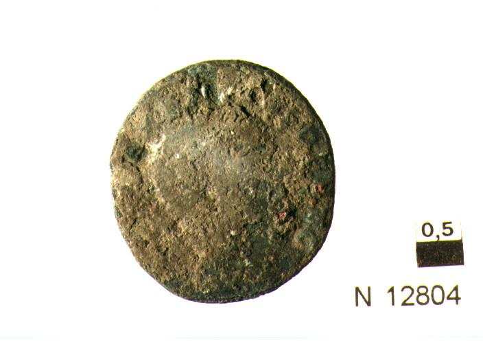 R/ busto di imperatore Massenzio(?) a destra; V/ Cartagine in tempio esastilo (moneta, follis) (sec. IV d.C)