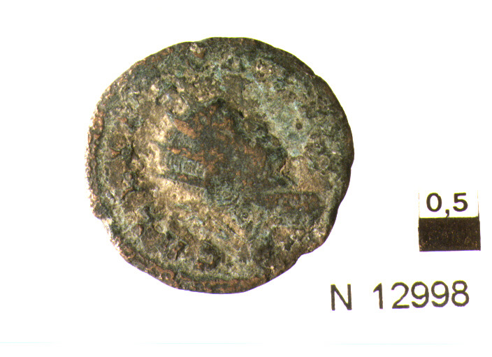 R/ testa radiata di imperatore Gallieno a destra; V/ Marte stante a sinistra con ramo d'olivo, lancia e scudo (moneta, antoniniano) (sec. III d.C)