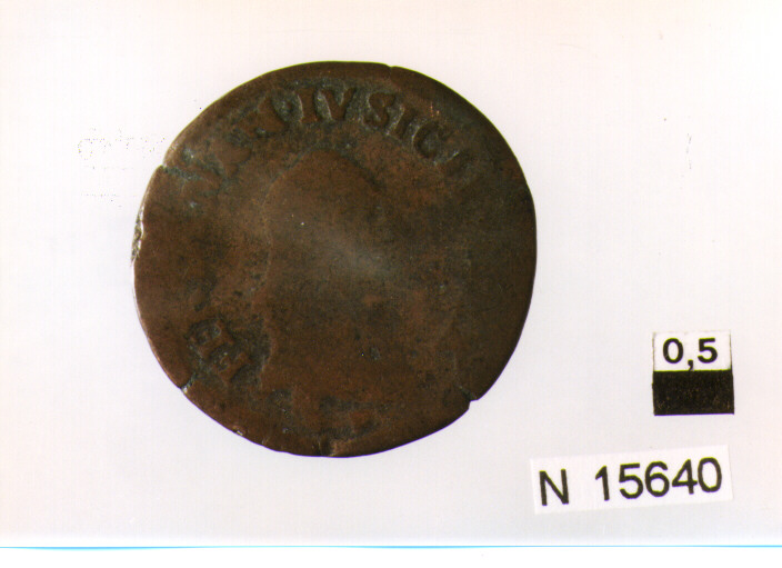R/ busto a testa nuda a destra con lunghi capelli sciolti; V/ torre (moneta, nove cavalli) (sec. XVIII d.C)