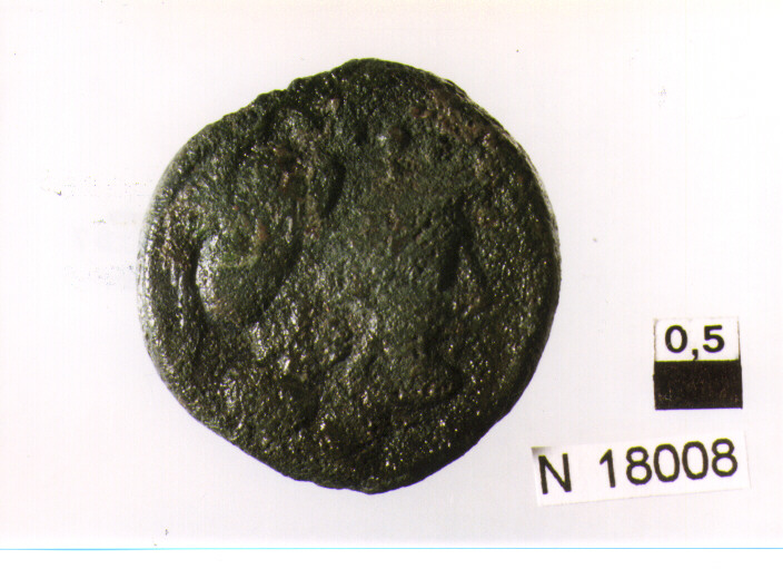 R/ testa di Minerva a destra, sopra segno del valore (quattro globetti); V/ prua a destra sotto segno del valore (moneta, triente) (sec. III a.C)