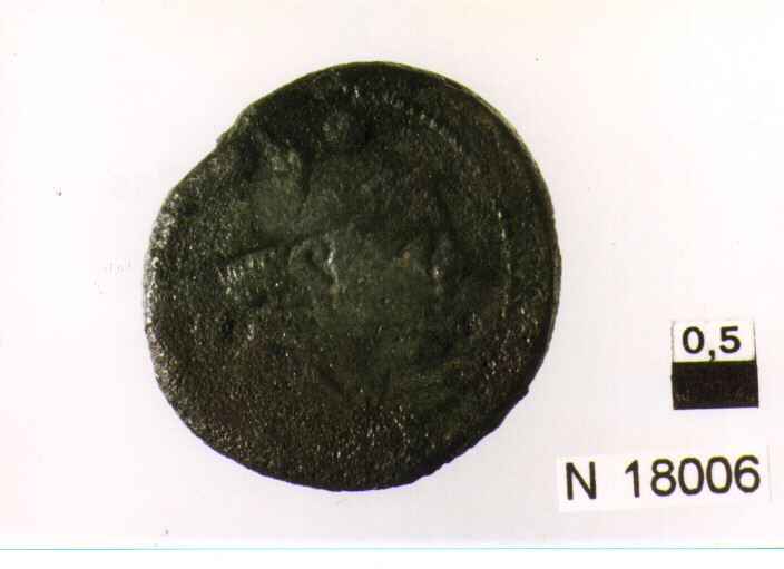 R/ testa di Mercurio a destra, sopra segno del valore (due globetti); V/ prua a destra, sotto segno del valore (moneta, sestante) (sec. III a.C)