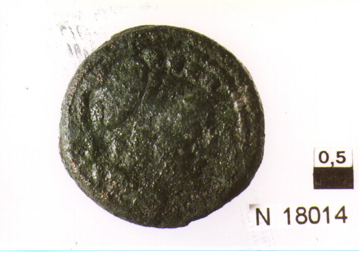 R/ testa di Minerva a destra, sopra segno del valore (quattro globetti); V/ prua a destra, sotto segno del valore (moneta, triente) (sec. III a.C)