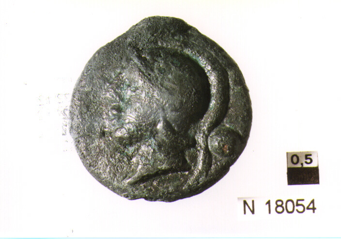 R/ testa elmata di Minerva a destra, sopra segno del valore; V/ prua a destra sotto quattro globetti (moneta, triente) (sec. III a.C)
