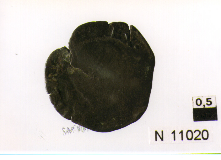 R/ testa con corona radiata volta a destra; V/ croce di Gerusalemme accantonata da quattro crocette simili (moneta, tre cavalli) (sec. XVI d.C)