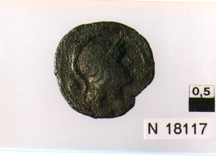 R/ testa elmata di Roma a destra, dietro un globetto; V/ prua a destra, sotto un globetto (oncia) (sec. III a.C)