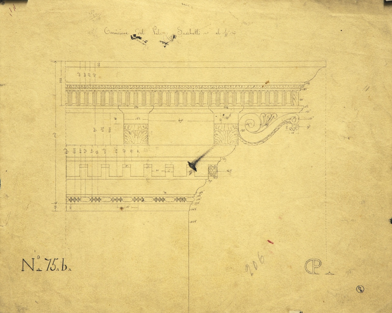 Dettagli costruttivi della facciata di palazzo Sacchetti (disegno architettonico) di Promis Carlo (terzo quarto sec. XIX)