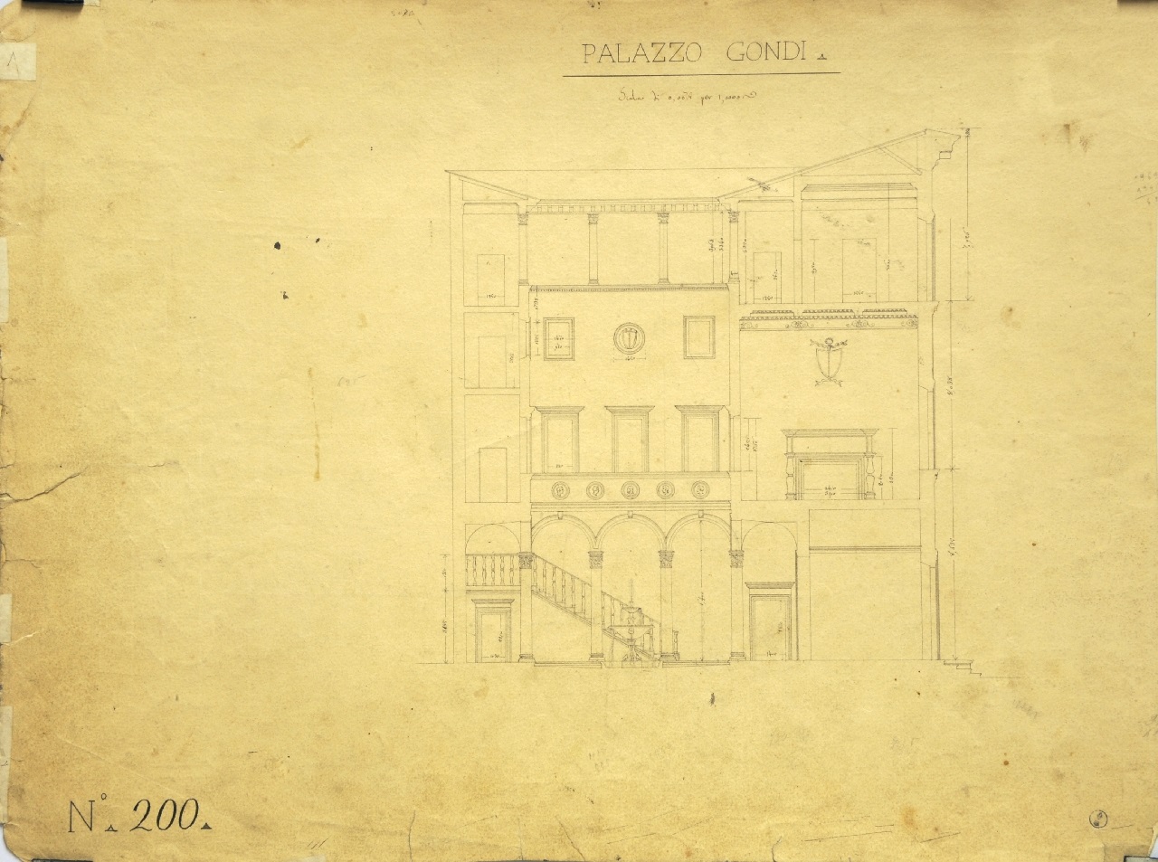 Palazzo Gondi, Palazzo Gondi: sezione longitudinale quotata (disegno architettonico) di Promis Carlo (terzo quarto sec. XIX)