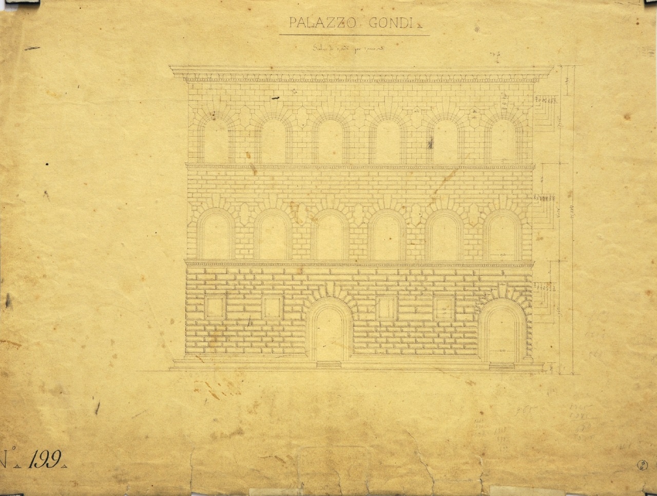 Palazzo Gondi, Facciata di Palazzo Gondi: prospetto quotato (disegno architettonico) di Promis Carlo (terzo quarto sec. XIX)