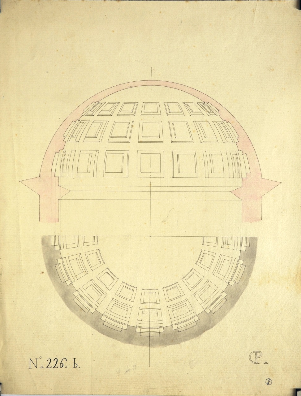 Studio di geometria: pianta e sezione di volta emisferica con cassettoni quadrati (disegno architettonico) di Promis Carlo (secondo quarto sec. XIX)