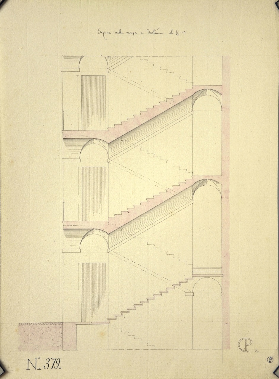 Sezione sulla rampa a destra, Studio di geometria: sezione longitudinale di vano scala a volte a botte rampanti (disegno architettonico) di Promis Carlo (terzo quarto sec. XIX)