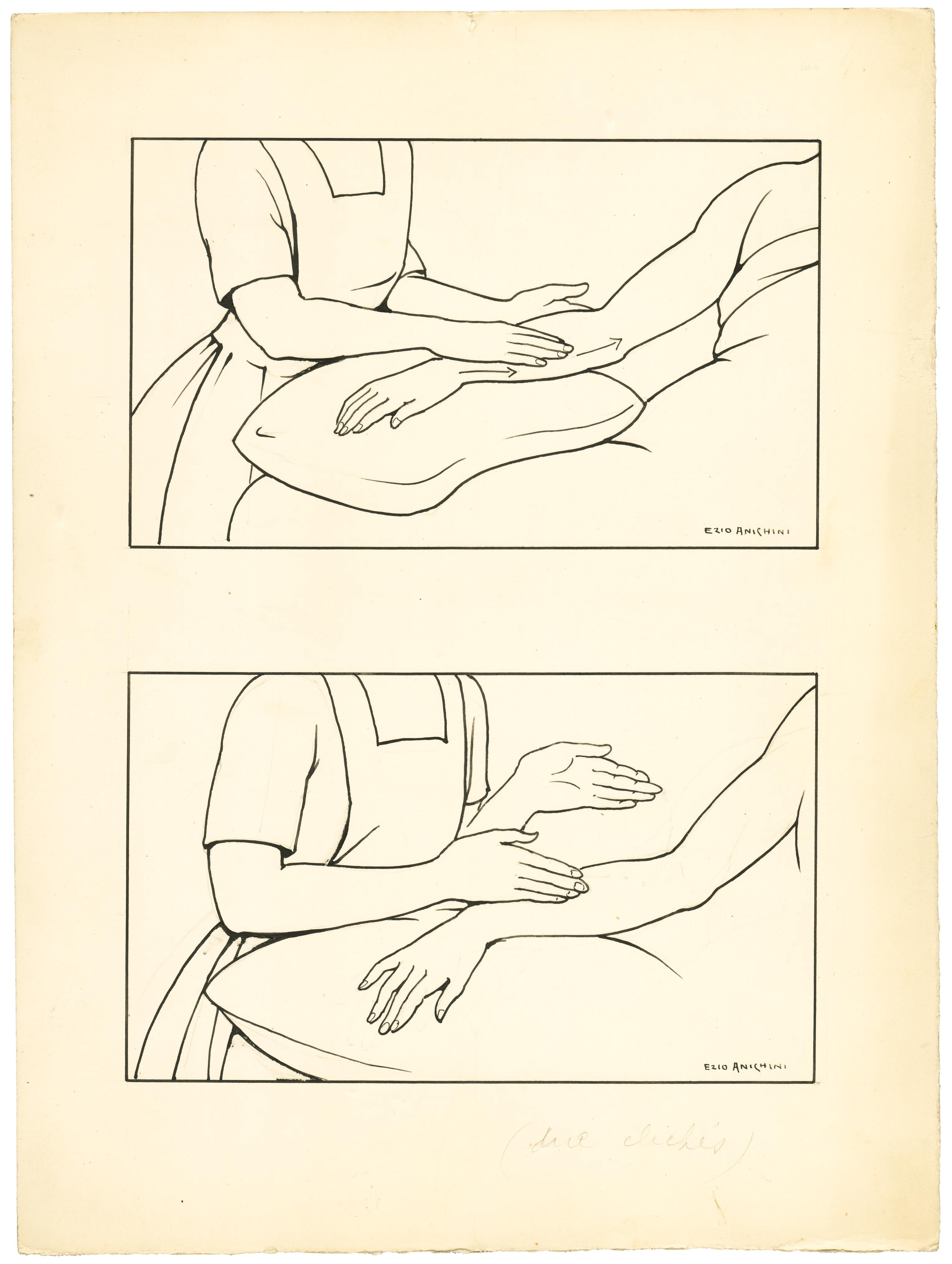massaggio: sfioramento e percussione (disegno) di Anichini Ezio (secondo quarto sec. XX)