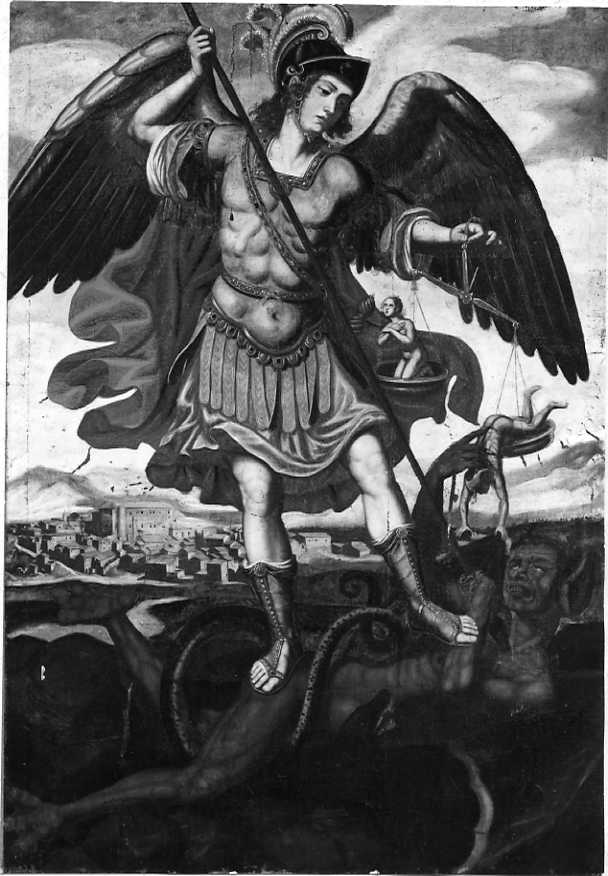 San Michele Arcangelo sconfigge il maligno e pesa le anime, San Michele Arcangelo (dipinto) di Bresciano Girolamo (attribuito) (prima metà sec. XVII)