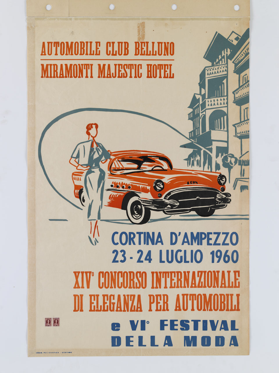 figura femminile stilizzata che posa accanto ad un automobile rossa davanti al Grand Hotel Miramonti Majestic di Cortina (manifesto) - ambito italiano (sec. XX)