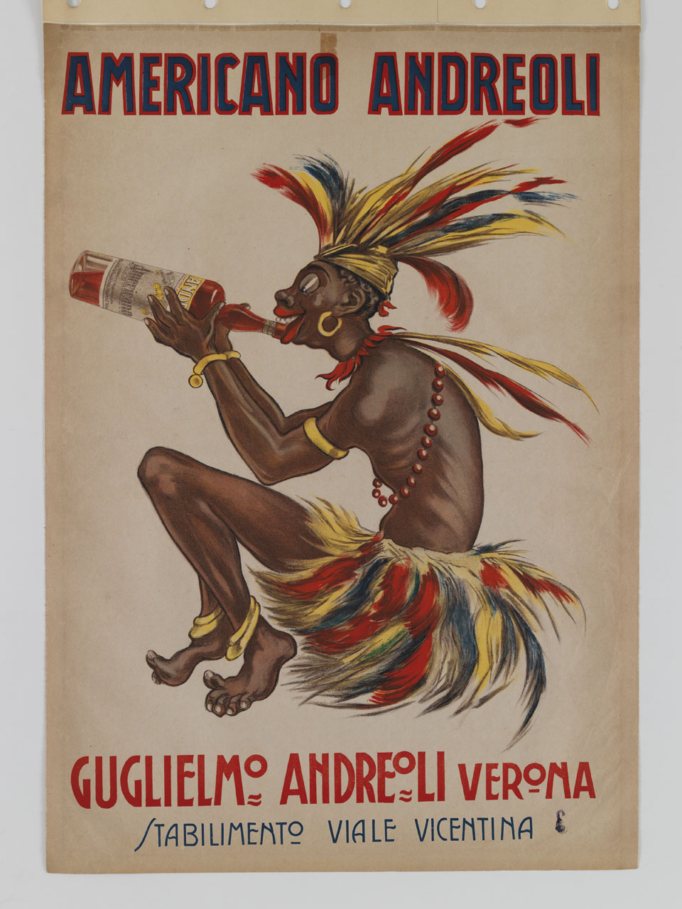 figura maschile di carnagione scura, abbigliato con piume e bracciali, sorseggia una bevanda da una bottiglia di vetro (manifesto) - ambito italiano (sec. XX)
