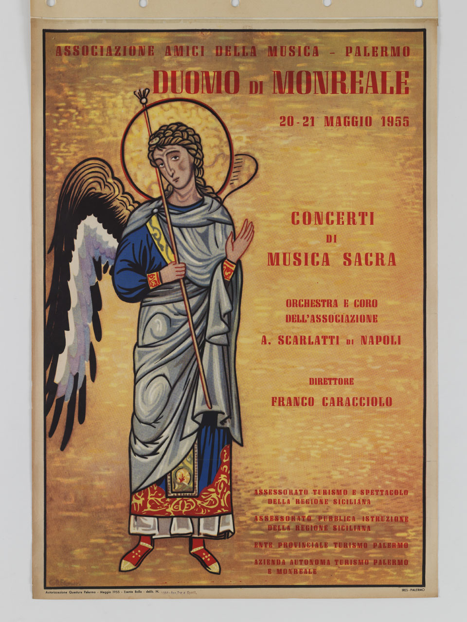 angelo con vessillo su fondo oro dall'intradosso absidale a cornu evangeli del duomo di Monreale (manifesto) - ambito italiano (sec. XX)
