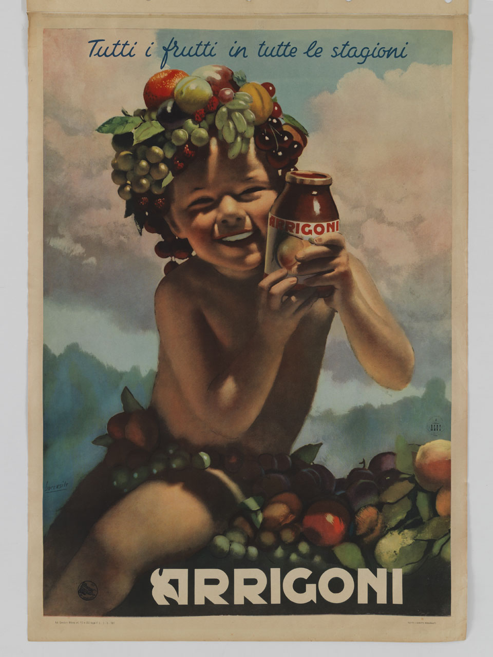 bambino adorno di frutta che sorregge un barattolo di marmellata (manifesto) di Boccasile Gino (sec. XX)
