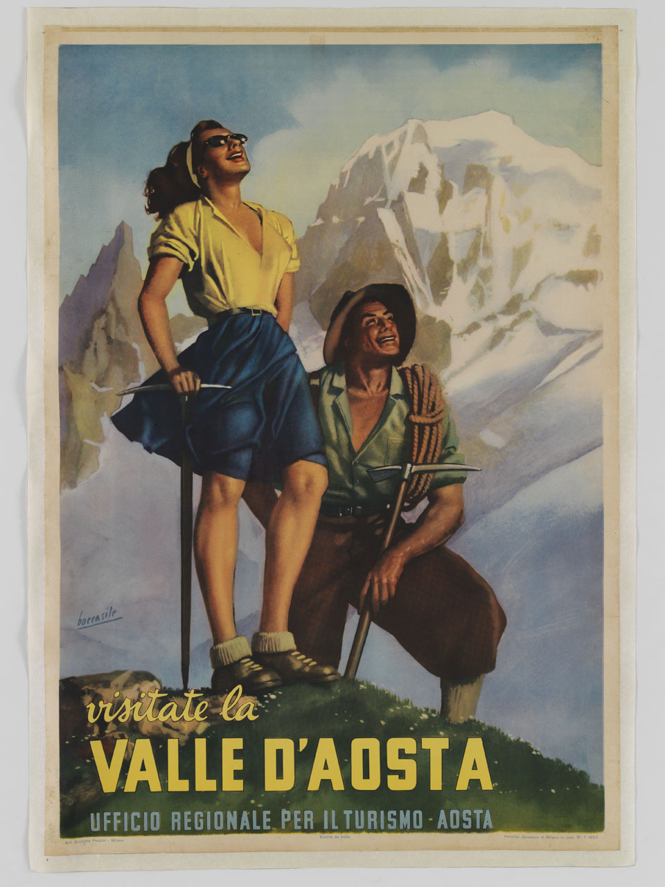 due alpinisti sorridono alle montagne innevate (manifesto) di Boccasile Gino (sec. XX)