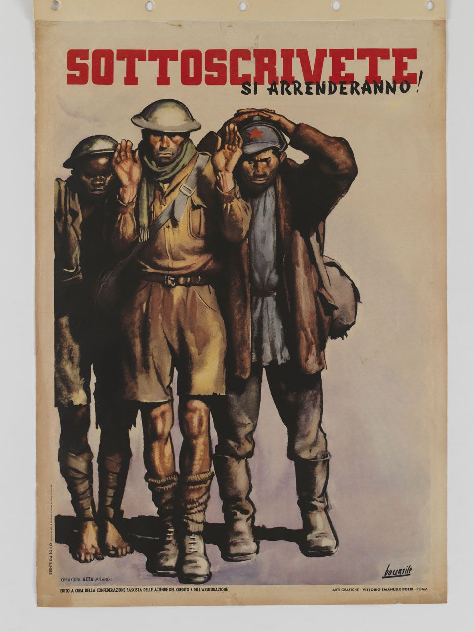 tre soldati inglese, russo e afroamericano in atteggiamento di resa (manifesto) di Boccasile Gino (sec. XX)