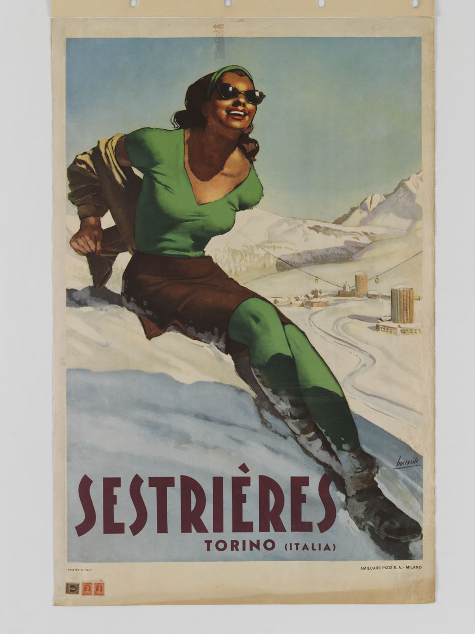 figura femminile in abiti montani seduta sulla neve e a valle impianti sciistici ed alberghi (manifesto) di Boccasile Gino (sec. XX)