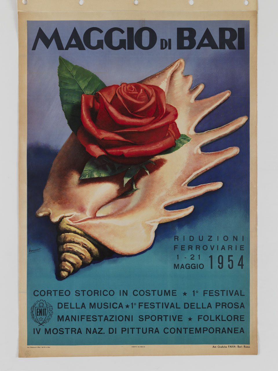 conchiglia su cui è poggiata una rosa rossa (manifesto) di Boccasile Gino (sec. XX)