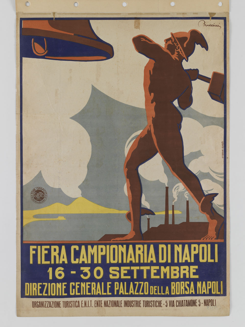Mercurio con martello che colpisce una campana davanti a ciminiere di fabbriche (manifesto) di Buccini Raffaele (sec. XX)