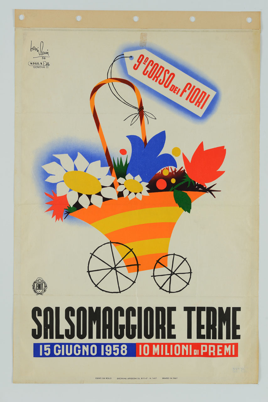 cesto di fiori variopinti, con ruote ed etichetta (manifesto) di Bonilauri Mario (sec. XX)