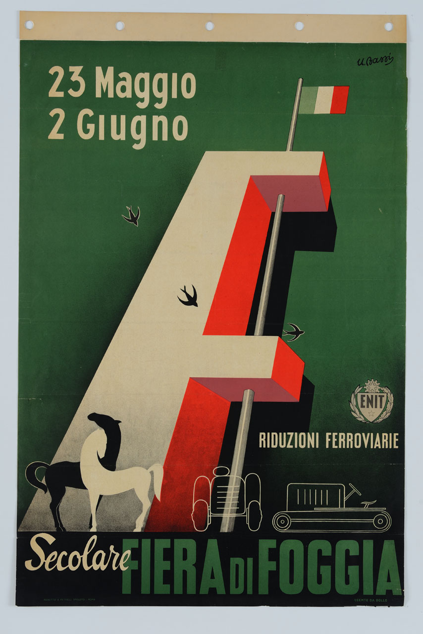 lettera capitale F con bandiera italiana, due cavalli e macchina agricola cingolata (manifesto) di Bassi U (sec. XX)