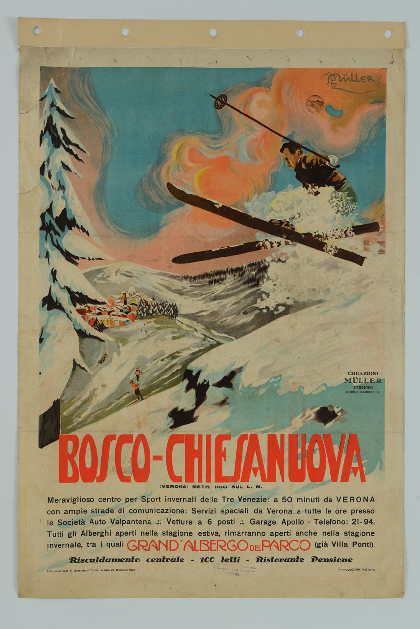 piste di sci con sciatori davanti al paese di Bosco Chiesanuova (manifesto) di Muller Walter Emil (sec. XX)