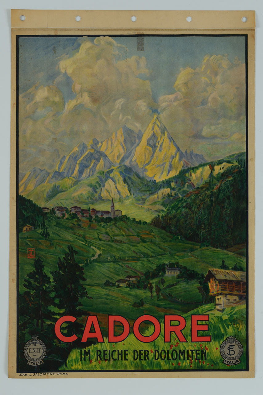 veduta di un paese montano in Cadore chiuso sullo sfondo dalle Dolomiti (manifesto) - ambito italiano (sec. XX)