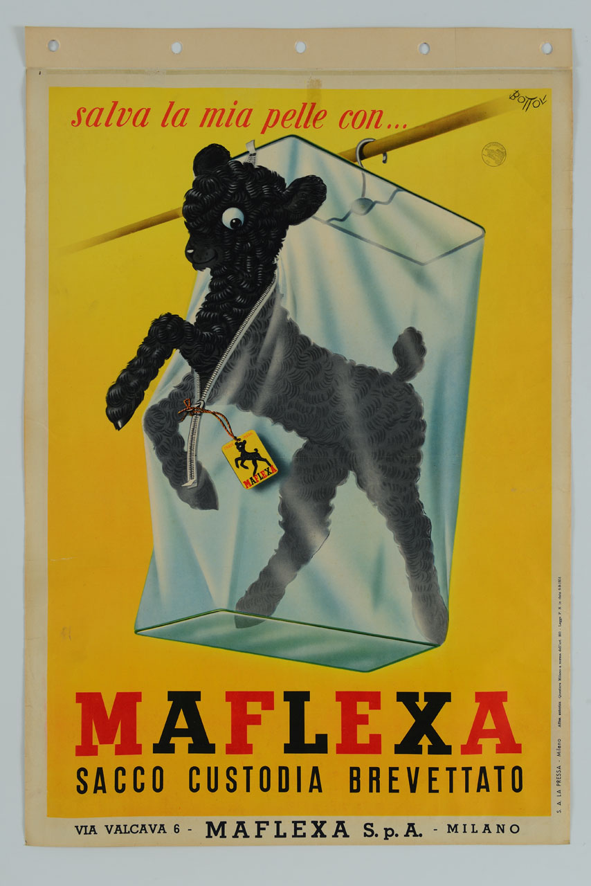 un agnellino nero esce con le zampe anteriori dalla cerniera di una custodia appesa con la gruccia ad un bastone (manifesto) di Bottoli Matteo (sec. XX)