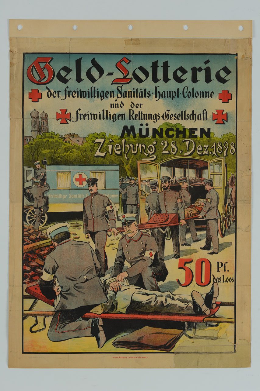 alcuni volontari della Croce Rossa e della Società di Soccorso di Monaco si apprestano a prestare aiuto a dei feriti; ai lati la croce rossa e la croce del II Reich (manifesto) - ambito tedesco (sec. XX)