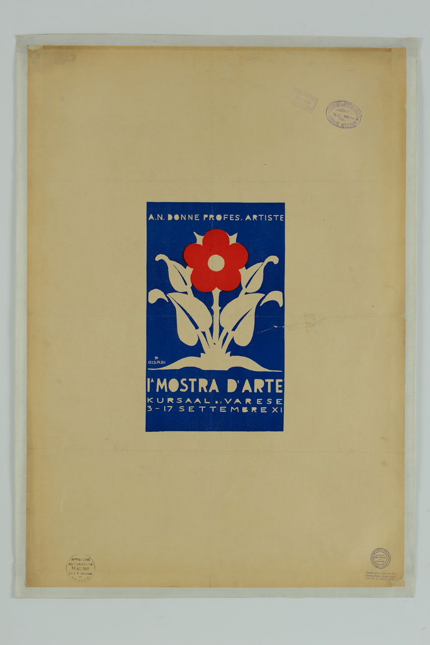 entro riquadro blu un fiore rosso stilizzato con gambo e foglie bianche (manifesto) di Cisari Giulio (sec. XX)