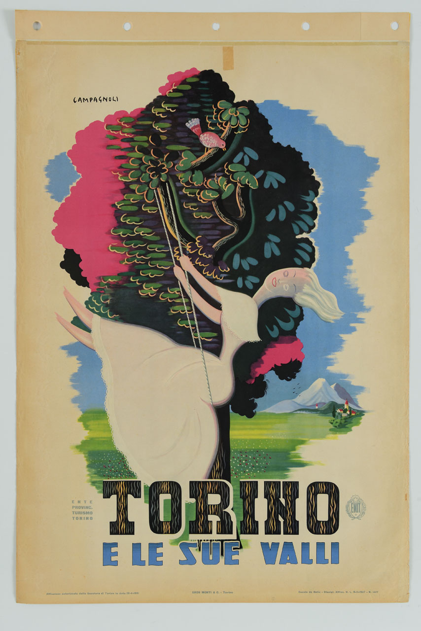 donna con abito bianco di dondola su un'altalena appesa ad un albero rigoglioso, osservata da un uccellino rosa; sullo sfondo un prato verde e un paesino a valle di alcune montagne (manifesto) di Campagnoli Adalberto (sec. XX)