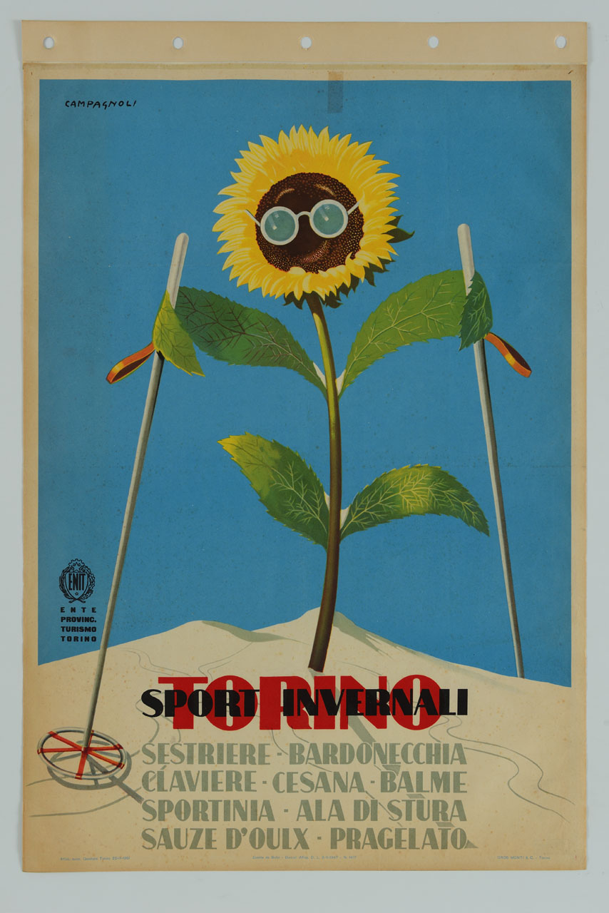 un girasole animato sorridente spunta dalla neve, indossando una paio di occhiali da sole e tenendo con le foglie le racchette da sci (manifesto) di Campagnoli Adalberto (sec. XX)
