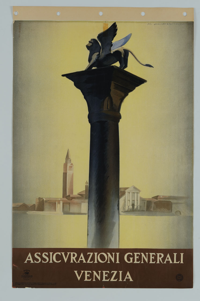 la colonna di San Marco nell'omonima piazza a Venezia; di fronte al bacino la Basiloca di San Giorgio Maggiore (manifesto) di Dudovich Marcello (sec. XX)
