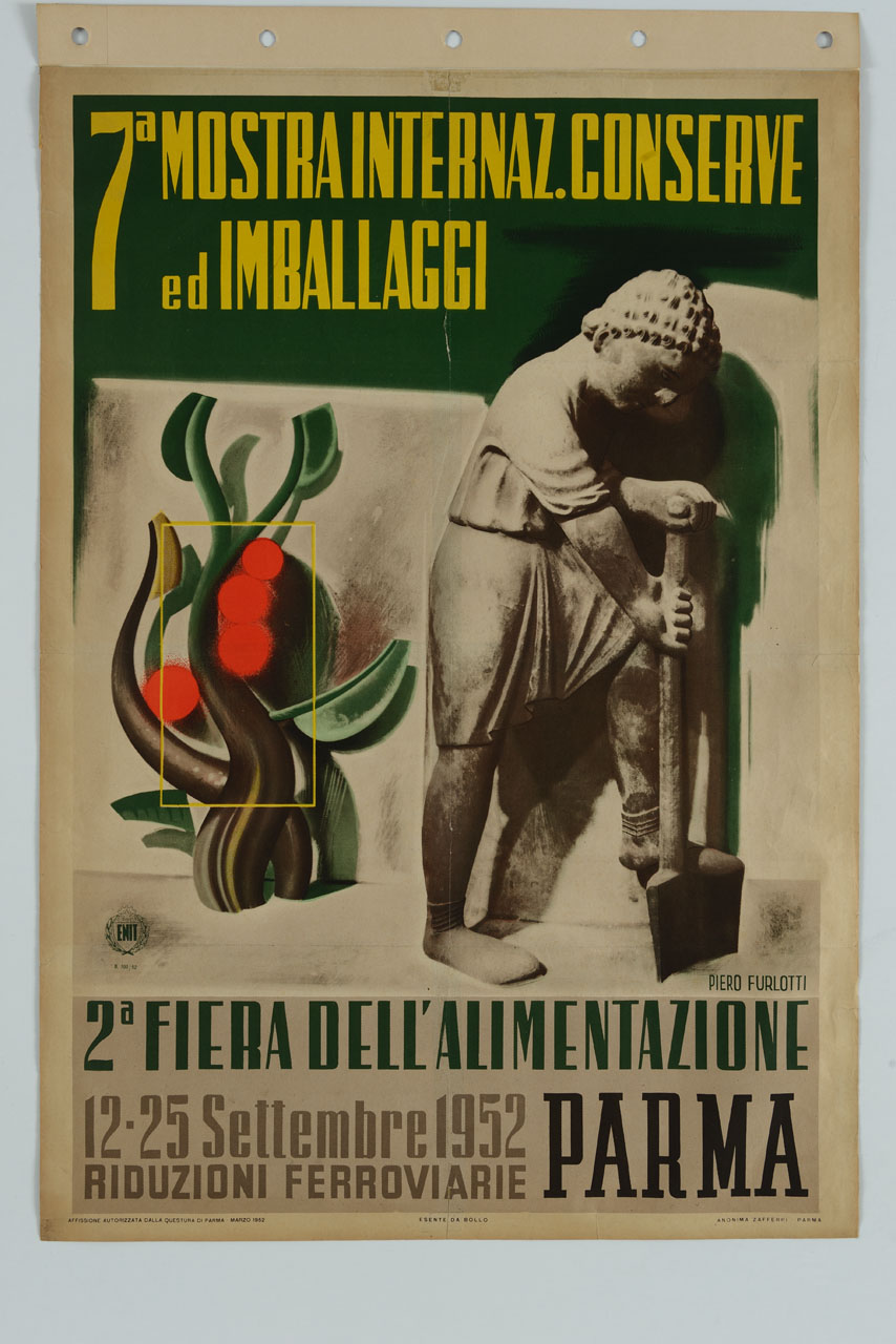 scultura del ciclo dei Mesi del Battistero di Parma con pianta (manifesto) di Furlotti Pietro (sec. XX)