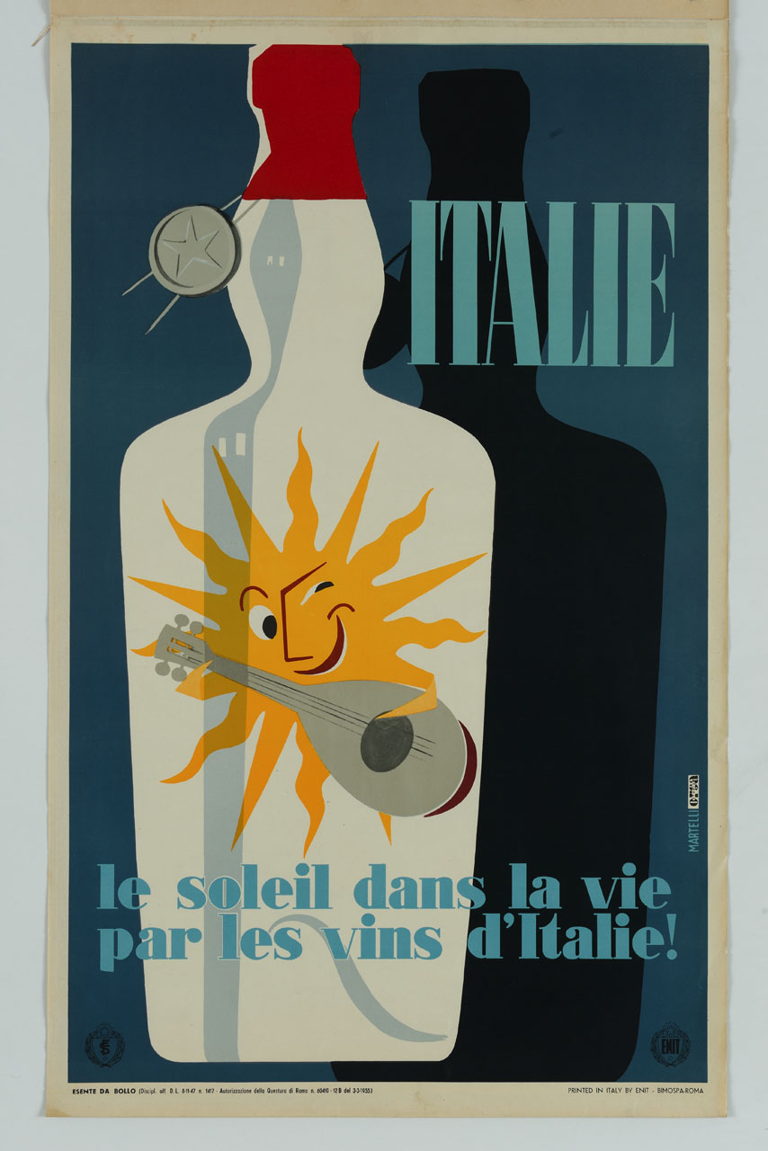 bottiglia da liquore con sigillo con stella ha al posto dell'etichetta un sole che suona il mandolino ; sagoma della bottiglia (manifesto) di Martelli Alessandro (sec. XX)