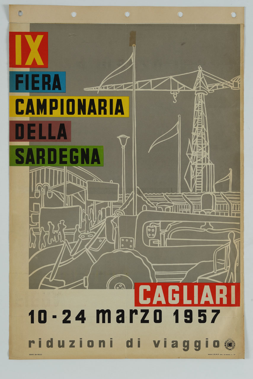 silhuettes di gru, macchine agricole, cannoni con figure (manifesto) - ambito italiano (sec. XX)