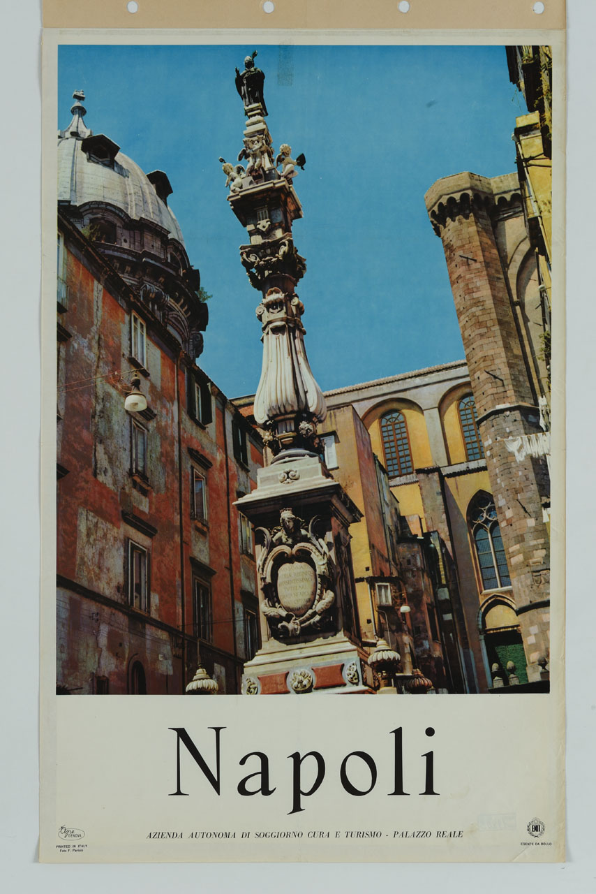 colonna con statua di san Gennaro alla sommità, detta guglia di san Gennaro (manifesto) - ambito italiano (sec. XX)
