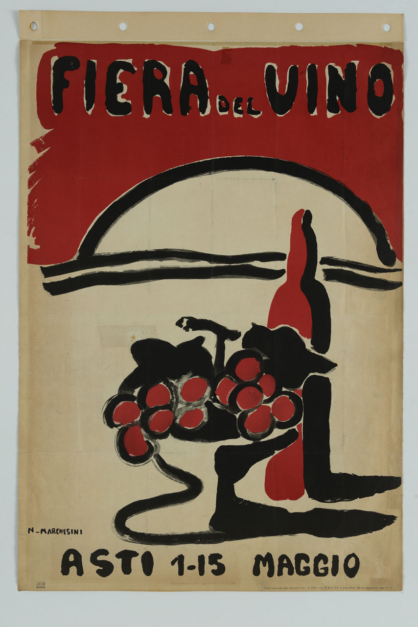 natura morta con una bottiglia e un'alzata con grappoli d'uva e pampini; sullo sfondo un sole sulla linea dell'orizzonte (manifesto) di Marchesini Nella (sec. XX)