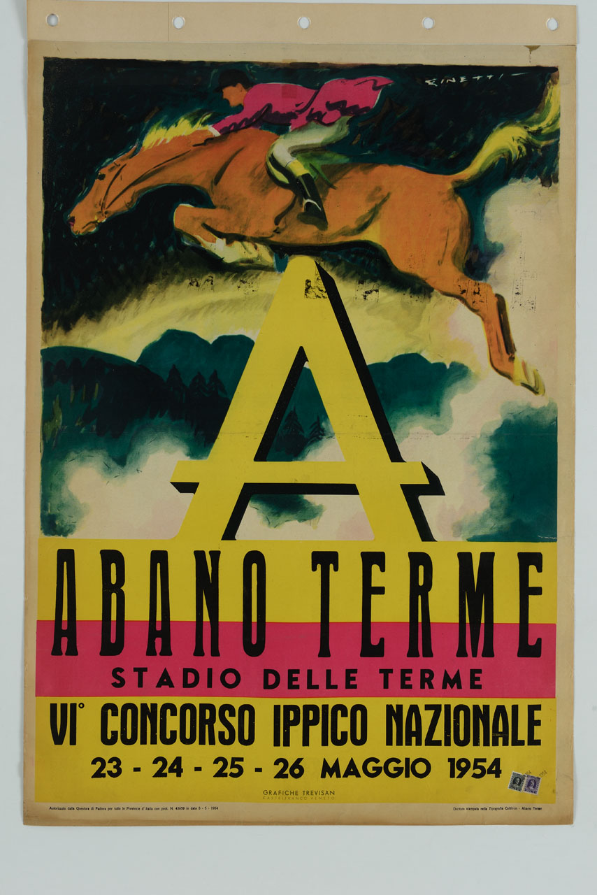 cavallo con fantino in salto su grande lettera A (manifesto) di De Finetti Gino (sec. XX)