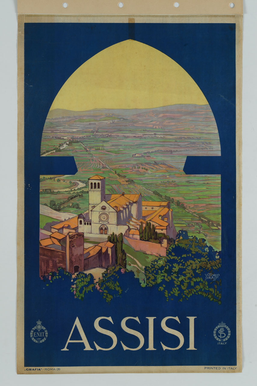 veduta di Assisi con porta S. Giacomo, basilica di S. Francesco e vallata entro monofora (manifesto) di Grassi Vittorio (sec. XX)
