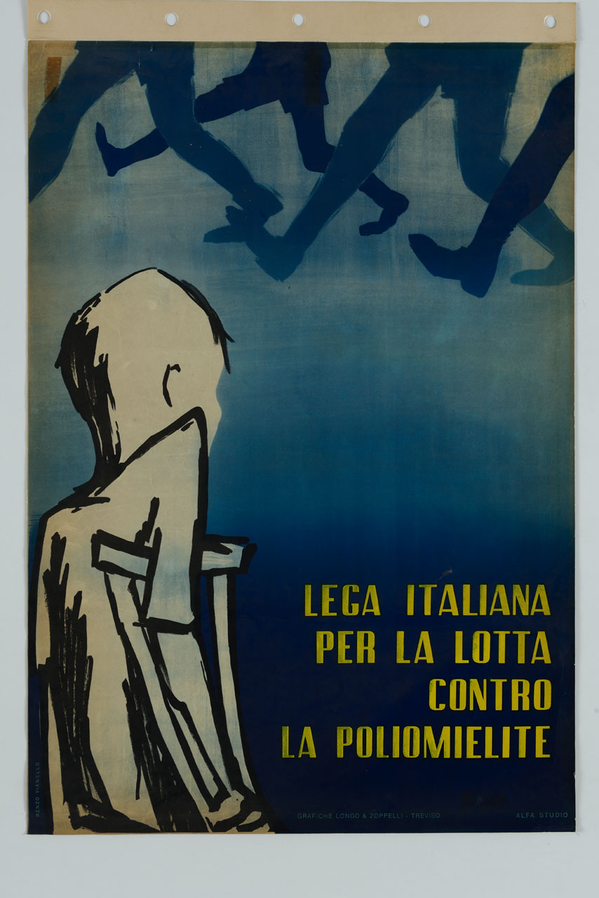 bambino di spalle con stampella e sul fondo gambe di persone in marcia (manifesto) di Renzo Vianello - ambito italiano (sec. XX)