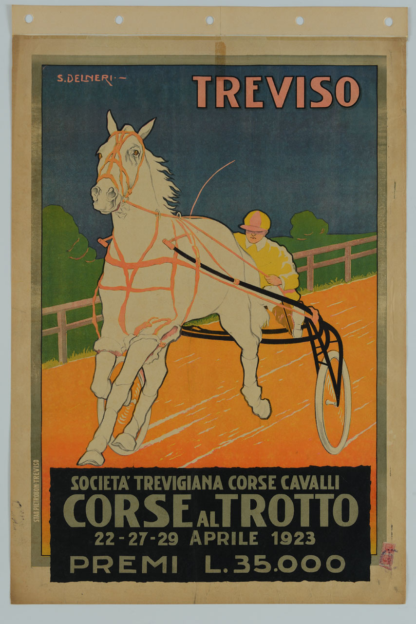 un fantino guida un cavallo al trotto all'interno di un ippodromo (manifesto) di Delneri Silvio (sec. XX)
