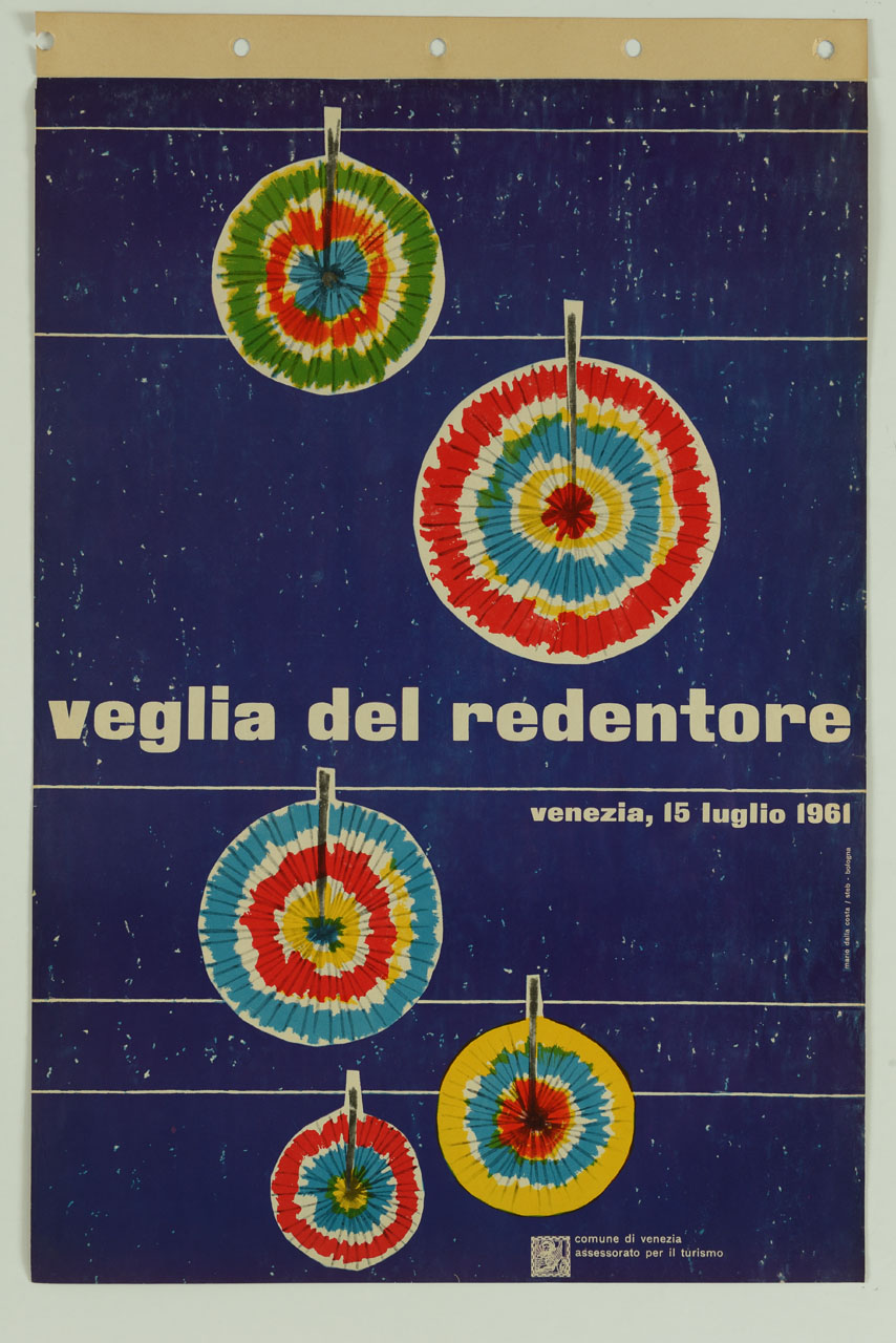 addobbi di carta colorata appesi a dei fili (manifesto) di Dalla Costa Mario (sec. XX)