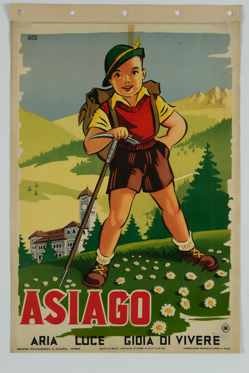 giovane alpinista sulle montagne di Aisago (manifesto) di Gios (sec. XX)
