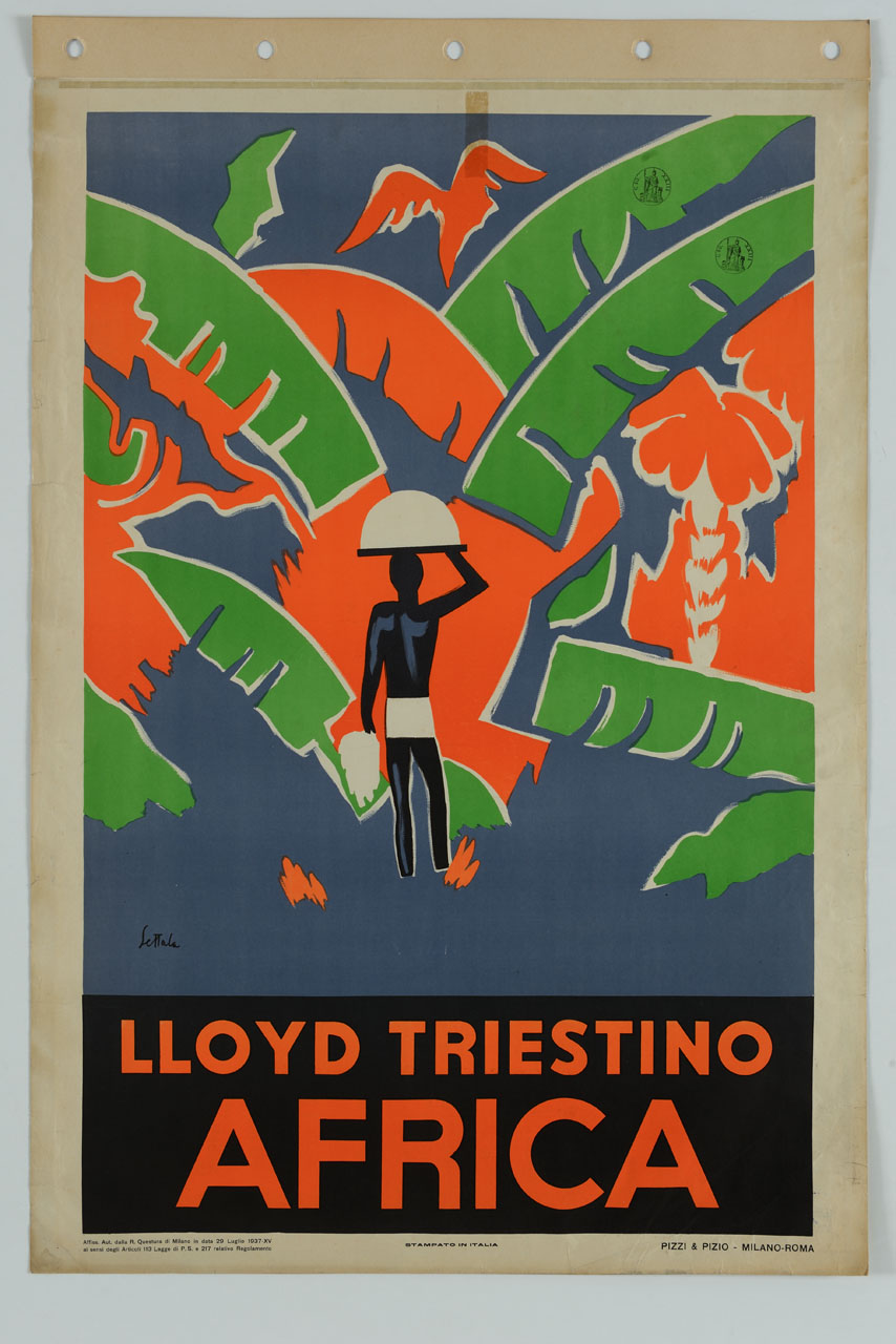 uomo di colore con cesta sul capo tra palme e vegetazione (manifesto) di Settala Giorgio (sec. XX)