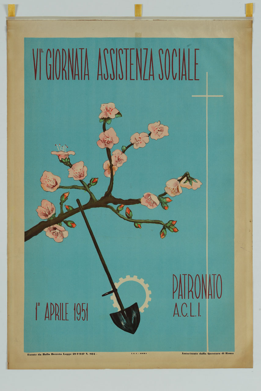 ramo di pesco in fiore con pala, ruota dentata e croce stilizzata (manifesto) - ambito italiano (sec. XX)